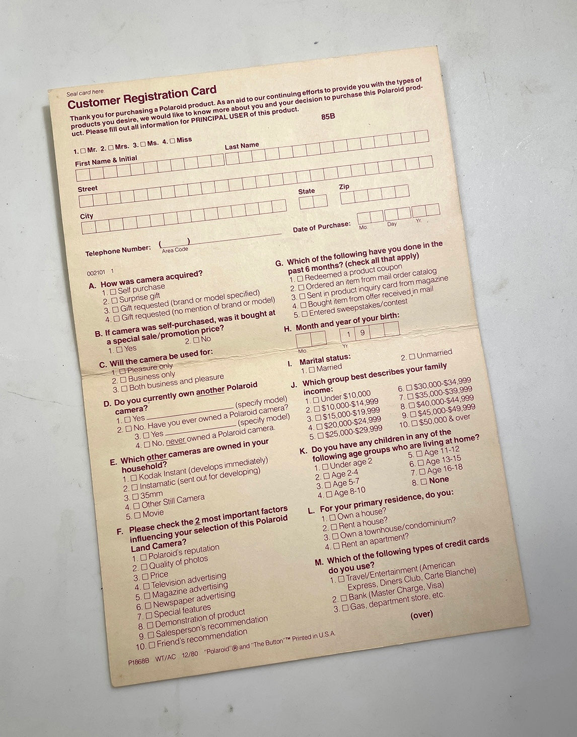 40111 | reg card (01) | P1868B WT/AC