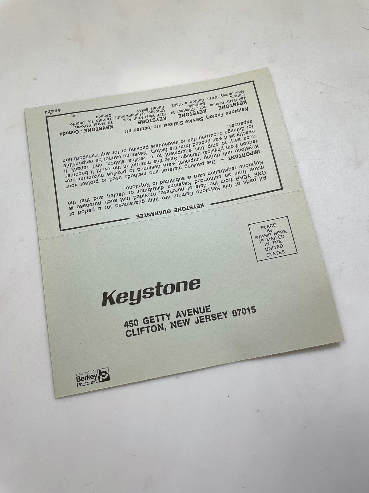 40113 | keystone warranty card | 39222