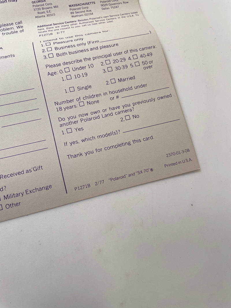 40111 | SX-70 reg card alpha 1 | P1271B 2/77