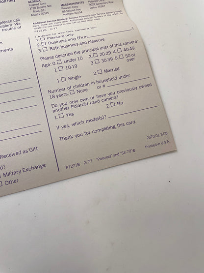 40111 | SX-70 reg card alpha 1 | P1271B 2/77