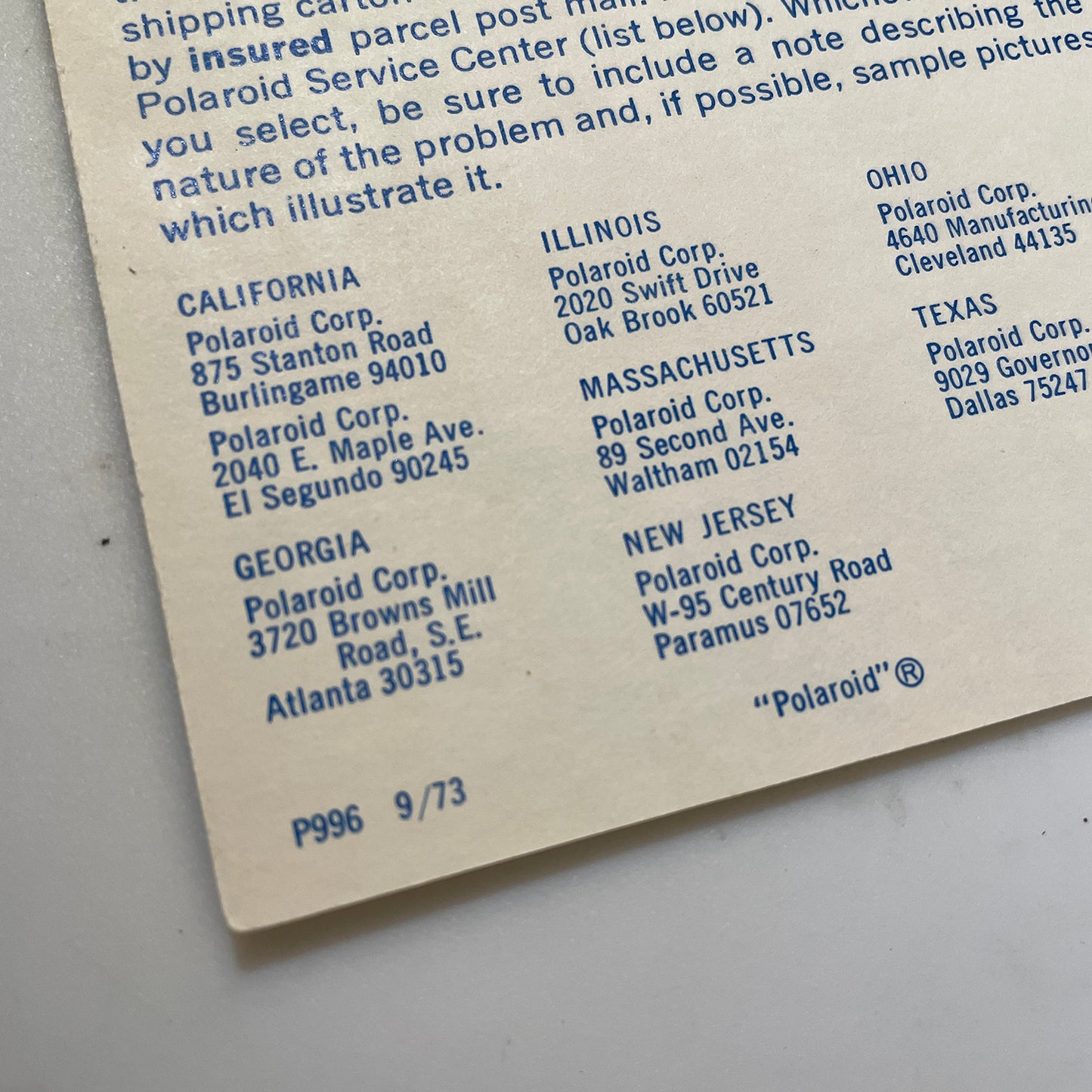 40111 | SX-70 reg card | P996 9/73