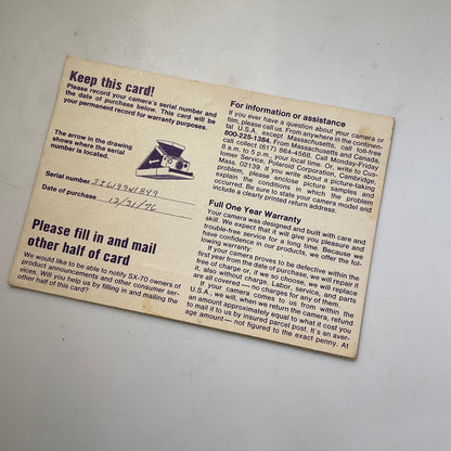 40111 | SX-70 reg card - keep this card (blue letter)