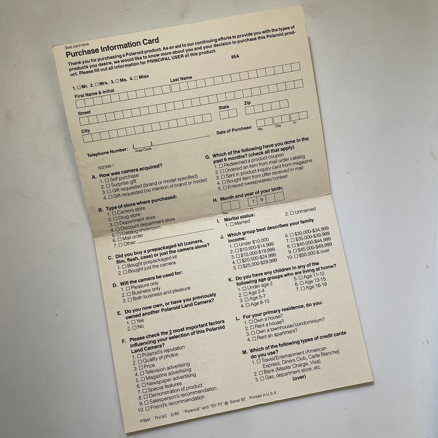 40111 | market research purchase info card | P1841 TH/AC 5/80