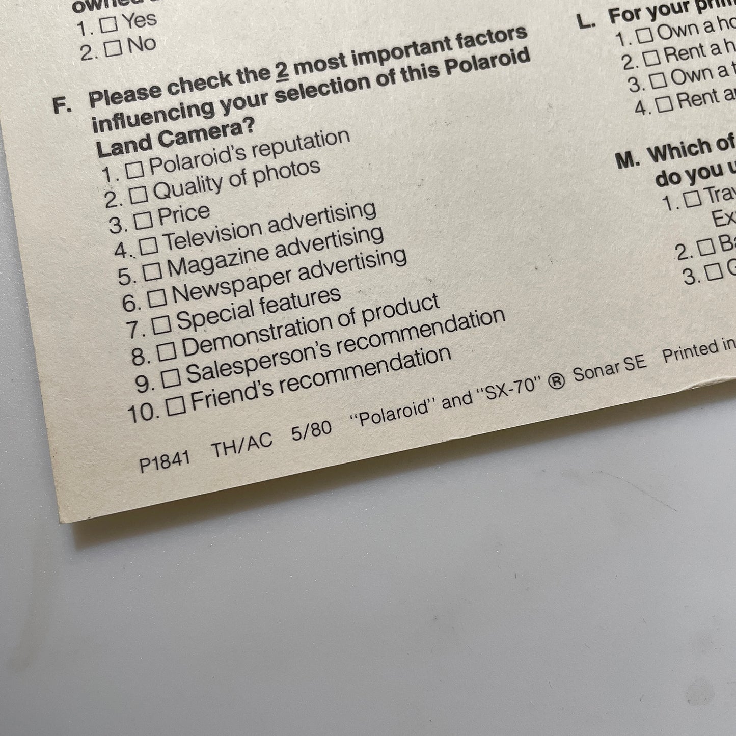 40111 | market research purchase info card | P1841 TH/AC 5/80