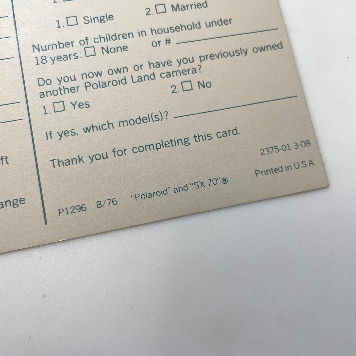 40111 | SX-70 alpha executive reg card | P1296 8/76
