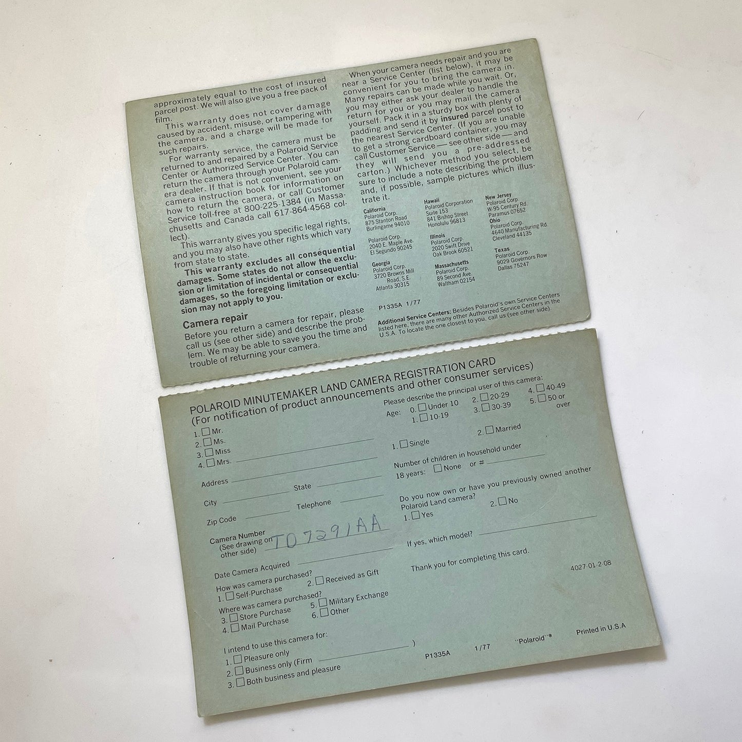 40111 | packfilm minutemaker reg card | P1335A 1/77