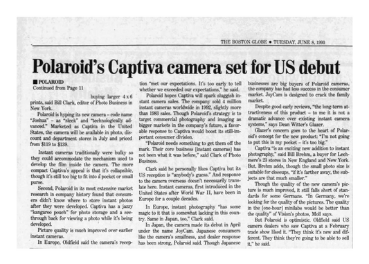 40051 | boston globe - polaroid's captiva camera set for US debut 1993-06-08