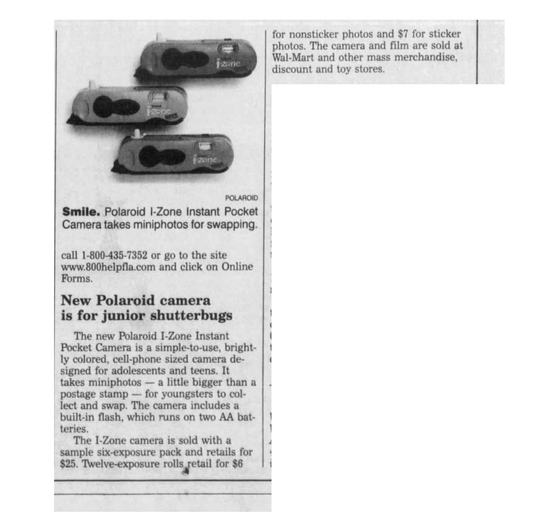 40051 | orlando sentinel - new polaroid camera is for junior shutterbugs 1999-09-07