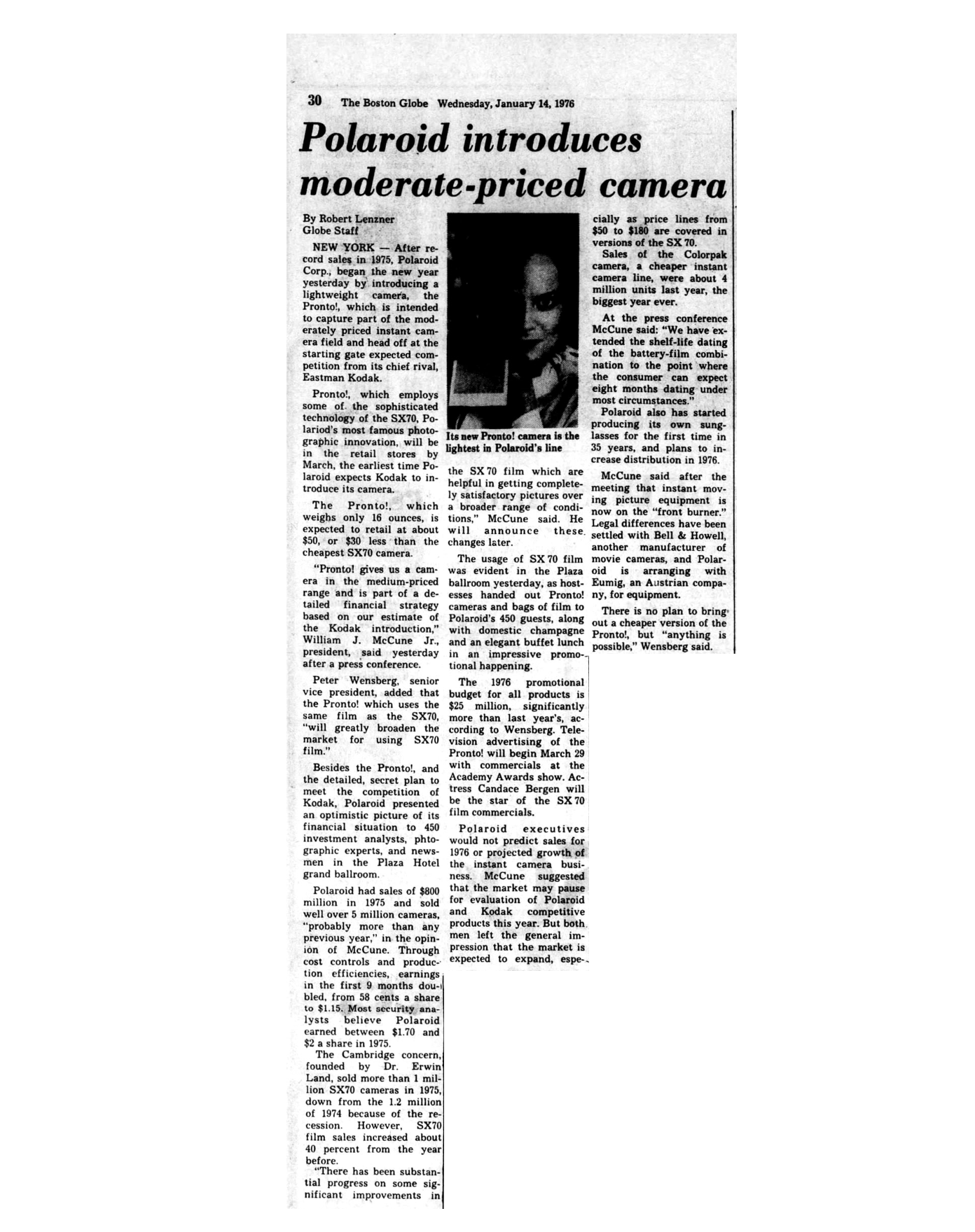 40051 | boston globe - polaroid introduces moderate-priced camera 1976-01-14