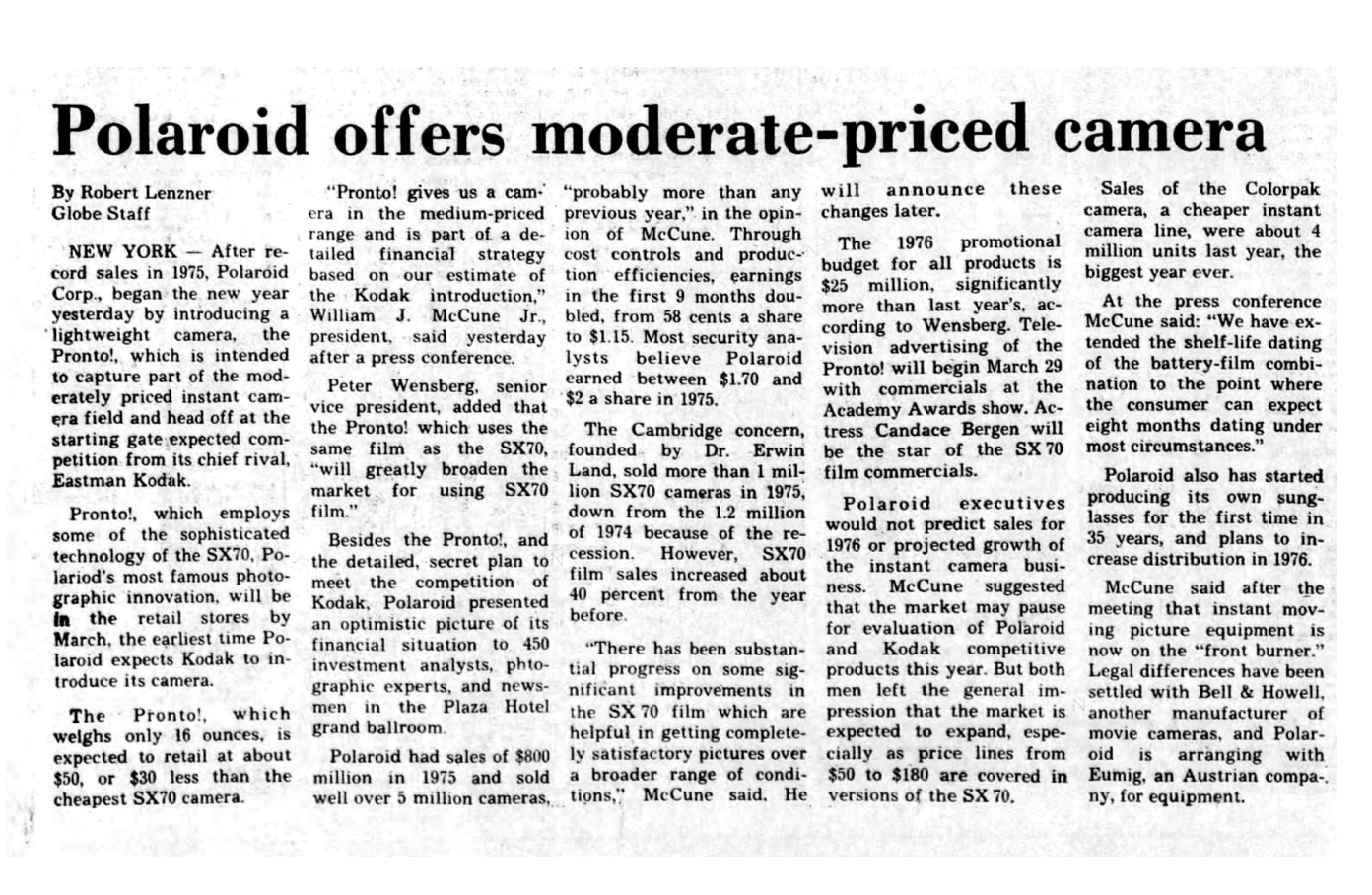 40051 | boston globe - polaroid introduces moderate-priced camera (the economy) 1976-01-14